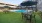 tables and chairs on lawn next to swimming pool