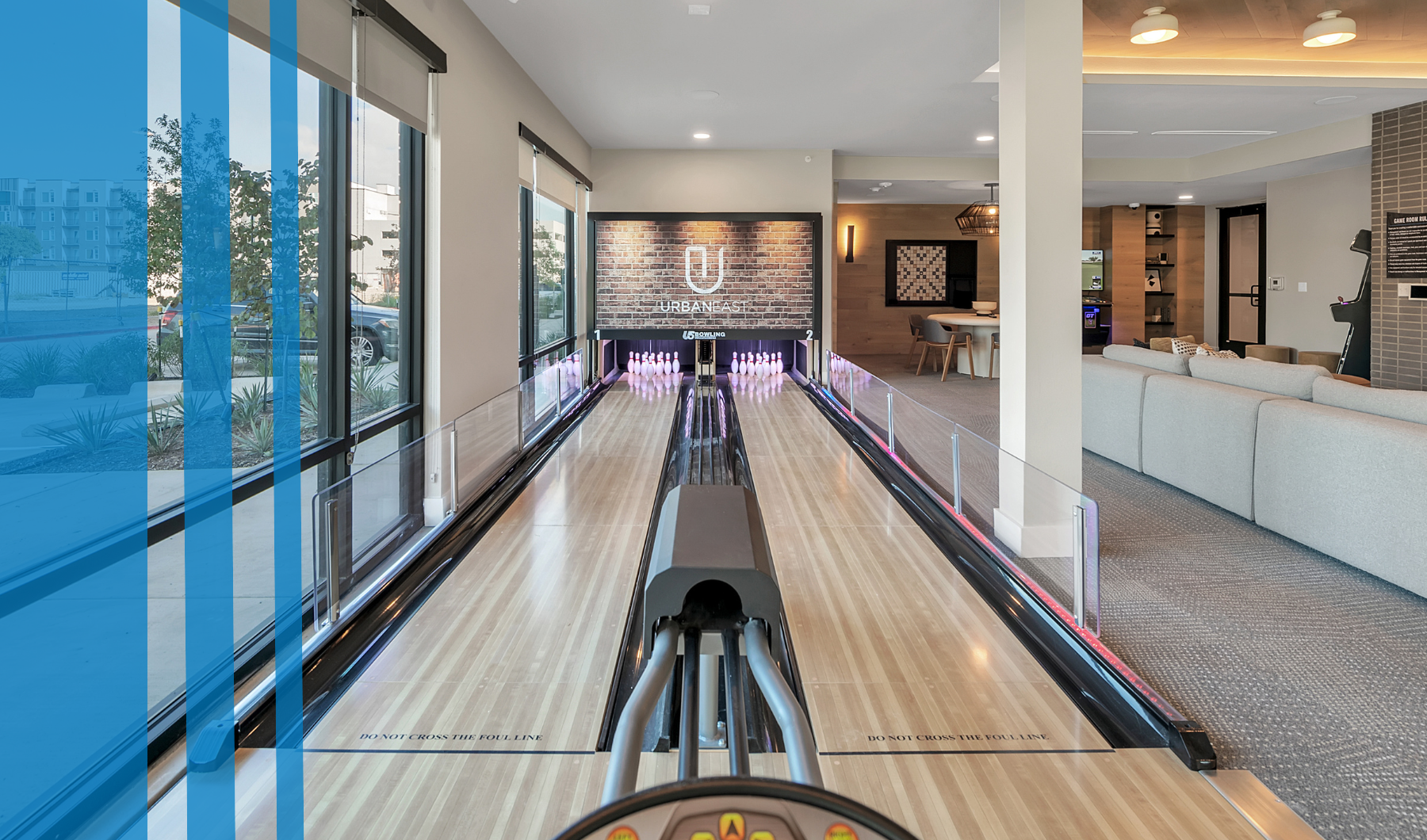 Private bowling alley at Urban East luxury apartments in East Austin. Private bowling alley at Urban East luxury apartments in East Austin.