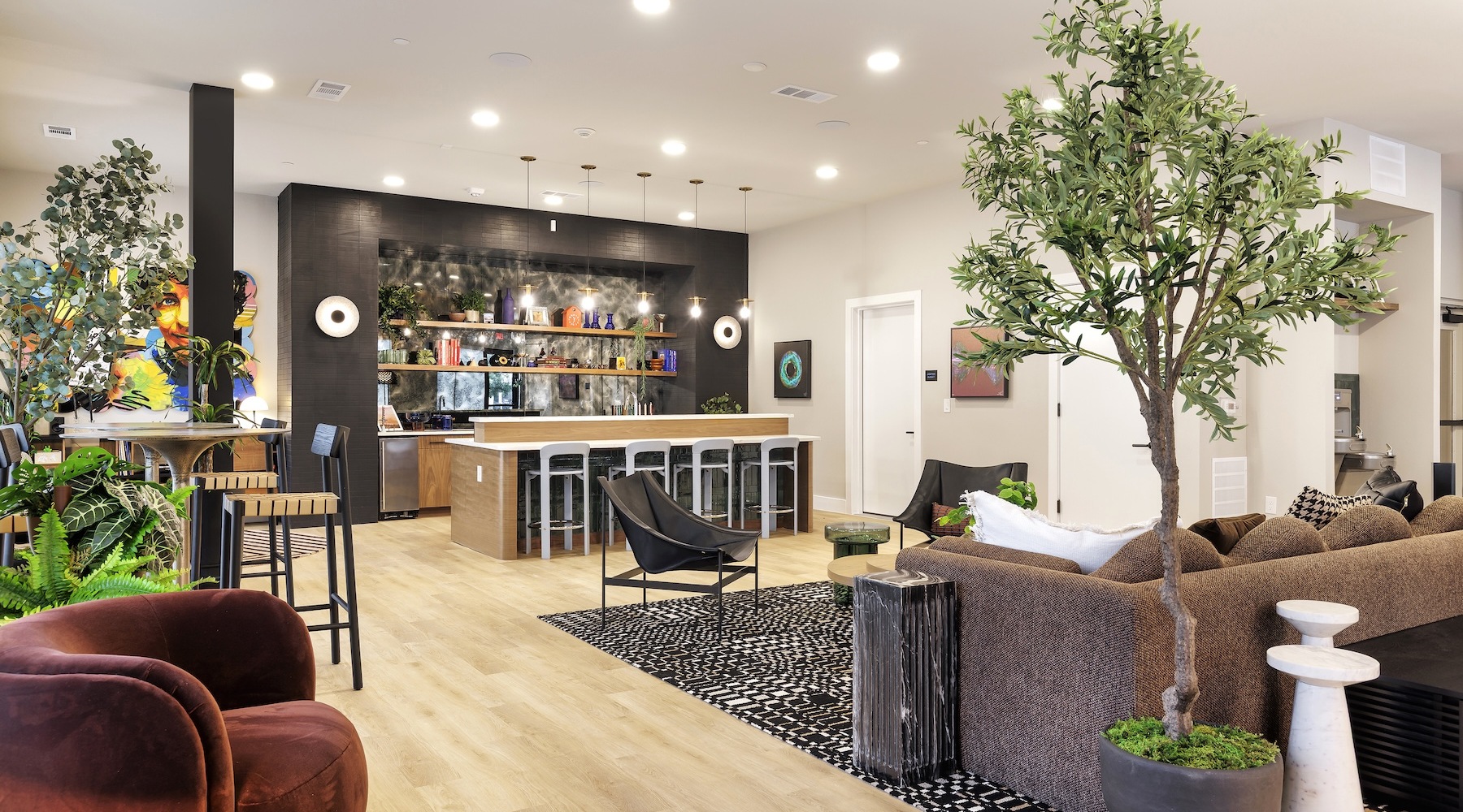 clubroom with couch trees and area rug